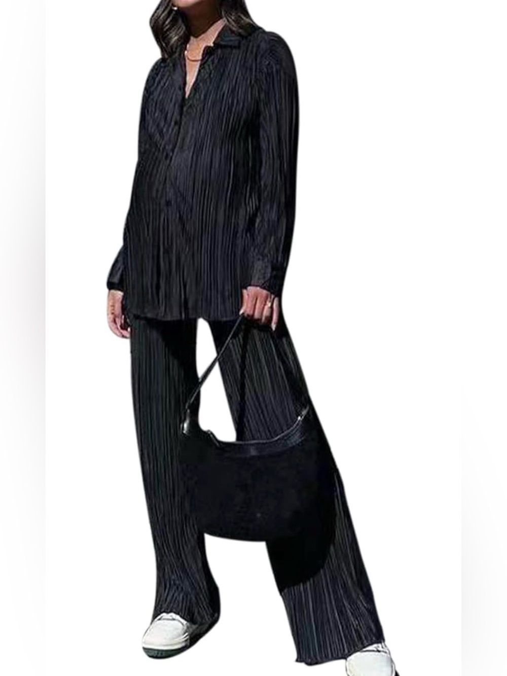Black Metallic Pleated Satin Button Down Shirt & Wide Leg Pants Two Piece Set